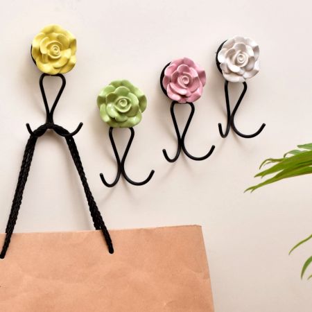 Ceramic Multicolor Flower Wall Hook for Hanging - Set of 4